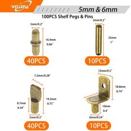 WISSXNA 100Pcs Shelf Pegs for Shelves, 4 Styles Shelf Pins Kitchen Cabinet Shelf Pegs,Bronze Shelf Holders Pegs, Bookshelf Pegs for Shelves, Metal Shelf Support Pegs & Pins (5mm & 6mm)…