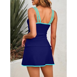 Dokotoo Womens Swimsuits 2025 Two Piece Bathing Suits Tummy Control Ruched Tankini Swim Tank Top with Skirt Navy Blue Medium