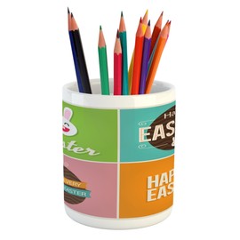 Ambesonne Easter Pencil Pen Holder, Checkered Squares Pattern with Colorful Digital Designs Simplistic Minimalist Image, Printed Ceramic Pencil Pen Holder for Desk Office Accessory, Multicolor