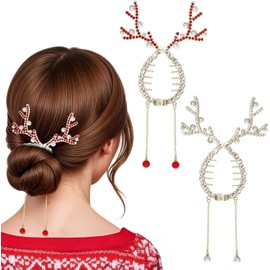 2PCS Christmas Hair Accessories, Christmas Reindeer Ponytail Bun Holder, Christmas Hair Clips, Christmas Rhinestone Pearl Ponytail Holder & Banana Clips, Christmas Hair Accessories for Women
