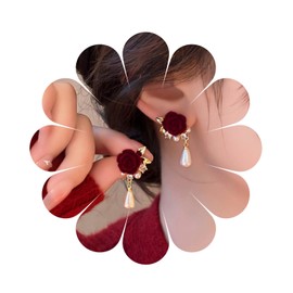 Aneneiceera Vintage Rote Samt Blume Perlen Ohrringe Cz Rote Rose Ohrstecker Teardrop Perle Baumeln Ohrring Kristall Wildleder Blume Ohrringe Schmuck Für Frauen