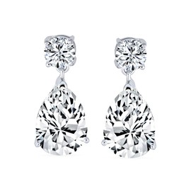Traditional Classic Bridal Cubic Zirconia 5CTW Solitaire Drop AAA CZ Pear Shaped Teardrops Dangle Earrings For Women Wedding Prom .925 Sterling Silver