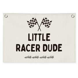 MOFUYU Little Racer Dude Canvas Banner – Race Car Room Decor for Boys, Toddler Boy Wall Hanging for Bedroom or Playroom, 30x20 Inch