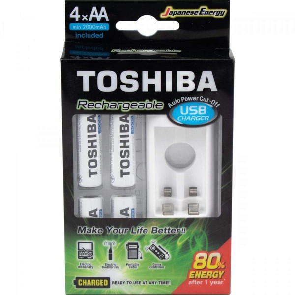 Toshiba Cargador Compacto para Pilas AA y AAA Incluye 4 Pilas Recargables Tamaño AA de 2000mA, Compatible: Xbox, Wii, Cámaras Fotográficas, Flash Fotográfico, Linternas
