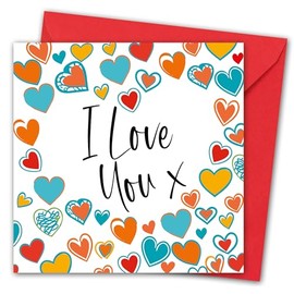 Valentines Card. I love you x with Hearts Design. Eco-friendly. 4pp 148x148mm size. Valentine's Card with Red Envelope. Verse inside. Printed and Packed in UK.