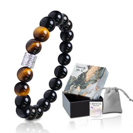 Natural Gemstone Bracelet for Men，10mm Tiger eye &obsidian men's beaded bracelets，fashion stainless steel Men's jewelry for Father，boyfriend，husband (yellow& black)