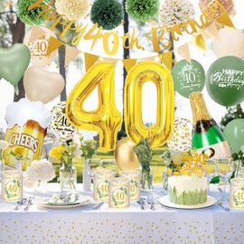 Decoration 40th Birthday Woman, WINAROI 40th Birthday Women Green Gold Birthday with Lantern Table Decoration, Happy Birthday Banner, Tablecloth, Pompoms for 40th Birthday Women Decoration
