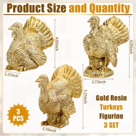 VioraWhite 3 Pack Fall Decor White and Gold Resin Figurine Thanksgiving Table Artificial Decorations for Autumn Harvest Indoor Home Farmhouse Kitchen(Turkey)