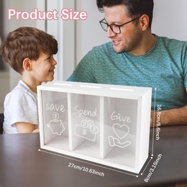 Mczxon Wooden Give Save Spend Money Saving Box for Kids, Money Coin Savings Piggy Bank Jar Box Safe Money Saver, Teach Children About Giving Saving Giving Money Piggy Box for Boys Girls, White
