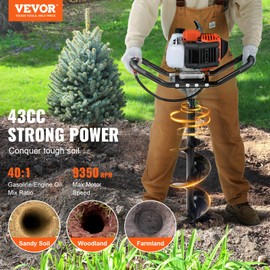 VEVOR Post Hole Digger, 43cc 1250W Auger Post Hole Digger, Gas Powered Earth Digger with 8" Earth Auger Drill Bit, 30 inch Long Alloy Steel Auger, for Farmland, Garden and Plant, EPA Certification