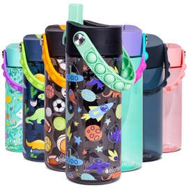 Elemental Leak Proof Water Bottles for Kids - Splash Kids Water Bottle for School with Fun Fidget Pop-it Handle - BPA Free Tritan Plastic Reusable Water Bottle with Straw - Space Dinosaur - 18oz