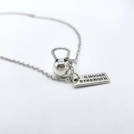 "Handmade" Kettlebell I Choose Strength SILVER Necklace Fitness Weight Training Gym Workout