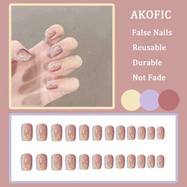 AKOFIC 24Pcs False Nails, Acrylic French Press on Nails Designs, Ballerina Diamond Glossy Stick on Nails, Fake Nails with Jelly Glue for Women Nail Art Manicure Decoration