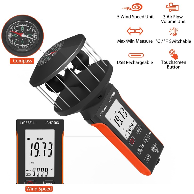 LYCEBELL Digital Anemometer Handheld Wind Speed Meter 360° Wind Measurement