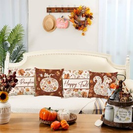 ONFAON Fall Decorations for Home, Fall Pillow Covers 18x18 Set of 4, Thanksgiving Decorations Autumn Cushion Case for Couch(Fall08)