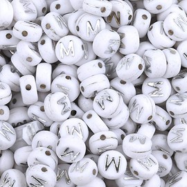 100PCS Letter Beads White Round Acrylic Alphabet Beads Silver Letter M Beads for Jewelry Making Bracelets Necklaces Key Chains DIY 4X7mm