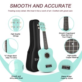 Soprano Ukulele Beginner Kit for Kids Adult Student 21 Inch Ukelele w/Free Online Lesson Gig Bag Strap String Tuner Songbook Pick Polishing Cloth, Rainbow Series Ukalalee(Shinny Mint Green）