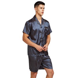 TONY AND CANDICE Men's Short Sleeve Satin Pajama Set with Shorts (Medium, Blue/Golden)
