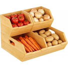 Bamboo Pantry Storage Bins, Stackable Potato and Onion Storage Bin for Kitchen Countertop, Wood Pantry Organizer Baskets for Fruit Vegetable Snack