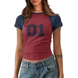 Imily Bela Cute Baby Tees Back to School Short Sleeve T Shirts Graphic Number Print Summer Crop Tops for Women 2025 Burgundy