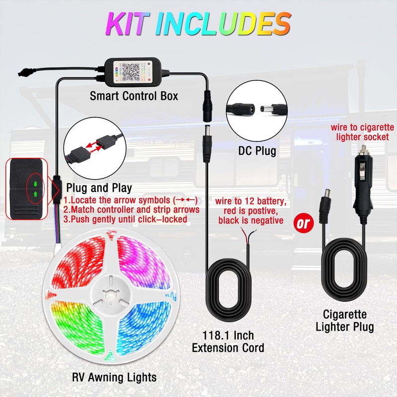 Yiswhis 16.4FT RV Awning Lights, 12V Camper LED Light Strip