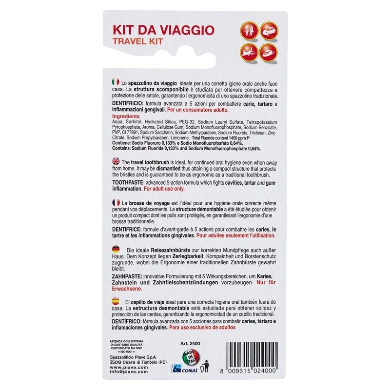 Piave Reise-Zahnbürste + Zahnpasta.