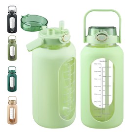 SIEROZUR 74oz Glass Water Bottle with Straw and Lid Large Gallon Water Jug with Silicone Sleeve and Handle 2.2 liter Wide Mouth Bottle with Time Marker for Gym Sports& Workout
