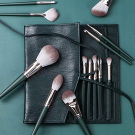 Foundation Brush Makeup Travel Pouch Portable Mini 14-Piece Set [PP25] 14-Piece Brush Set - Green
