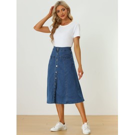 Allegra K Womens' Jean Stretchy High Waist Buttons Front A-Line Flowy Denim Midi Skirts with Pocket Blue M