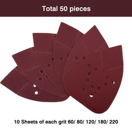 Pack of 50 Sandpaper Triangle Sanders, Mouse Sanding Sheets with 12 Holes, 135 x 95 mm Delta Sandpaper Velcro, Grit 60/80/120/180/220 for Woodworking Metal