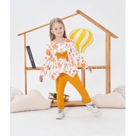 Yoxindax Toddler Kid Girl Clothes Ruffle Sleeve High Low Top Floral Allover Pants Fall Winter Outfit Set (Beige, 5-6T)