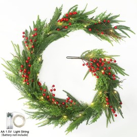 Norfolk Pine Cypress Garlands with Red Berry, 6Ft Artificial Soft Christmas Pine Garland with10Ft Light String, Green Real Touch Greenery Garland for Table, Mantle, Premium Christmas Decorations.