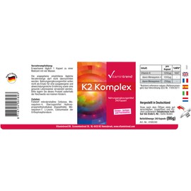 Vitamintrend Vitamin K2 Complex 1250 μg, 240 Capsules, Swallow-friendly, High Dosage, MK-4 and MK-7, Dietary Supplement Vegan without Magnesium Stearate, Made in Germany
