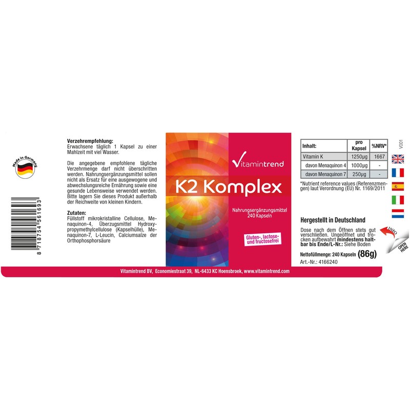 Vitamintrend Vitamin K2 Complex 1250 μg, 240 Capsules, Swallow-friendly, High