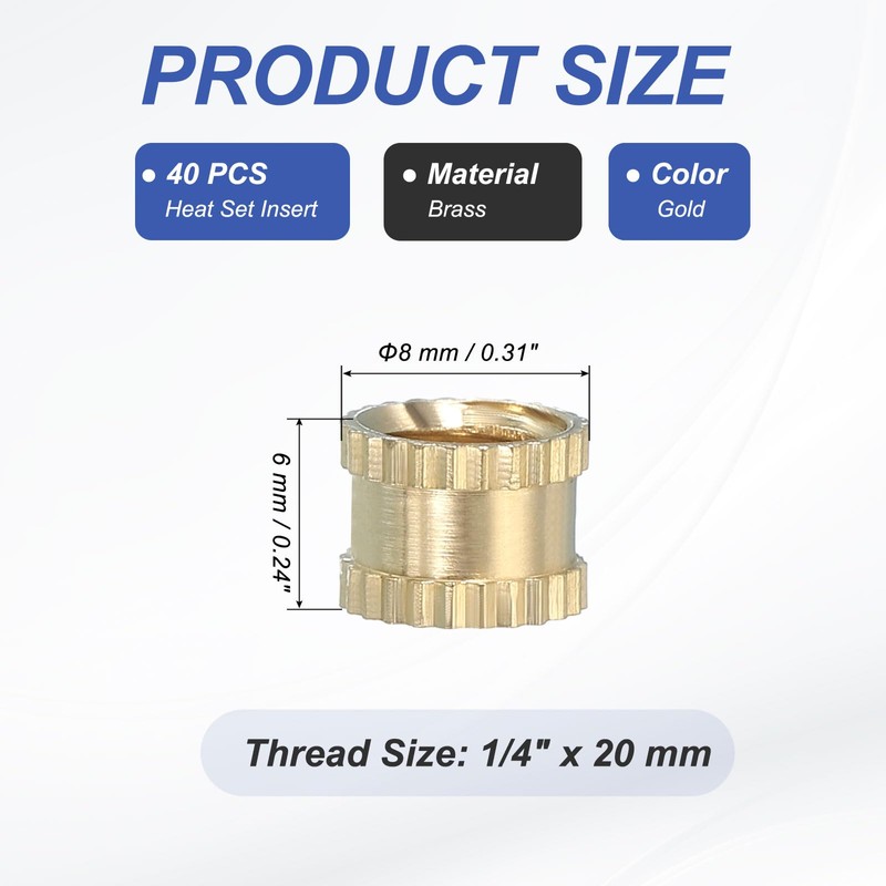 PATIKIL 40 Pcs Threaded Inserts Heat Set, 1/4"-20x6x8mm Female Brass