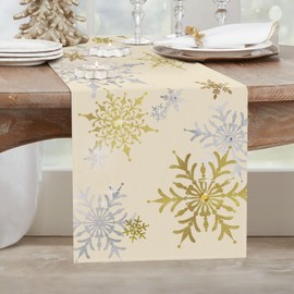 Bonhause Winter Snowflakes Table Runner 13x90 Inch Silver & Gold Christmas Winter Holiday Kitchen Dining Table Decoration for Indoor Outdoor Home Party Decor
