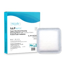 MedVance Super Absorbent Dressing, Non-Adhesive Pads for Wound Care, Pressure Ulcers & 1st/2nd Degree Burns, Superior Moisture Absorption, Box of 5 Dressings (3"x3" Bandage, 1.75"x1.75" Absorbent Pad)
