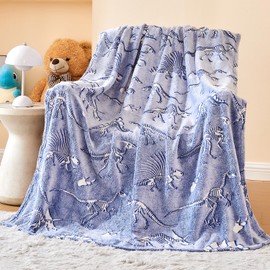 Wajade Glow in The Dark Dinosaur Throw Blanket for Boys and Girls, Soft Fleece Dino Throw Blanket for Travel Camping Bedroom Decor 50"x60"