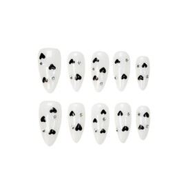 White Press On Nails Black Heart & Rhinestone Design- Handmade Medium Almond Gel Acrylic 10pcs Reusable (Night Sweetheart, Size M)