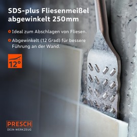 Presch SDS Plus Tile Chisel - Extra Long (250 mm) - Extremely Robust Cutting Edge (50 mm Wide) - Angled for Easy Tile Removal - Chisel Made of High-Performance Steel for Powerful Strikes