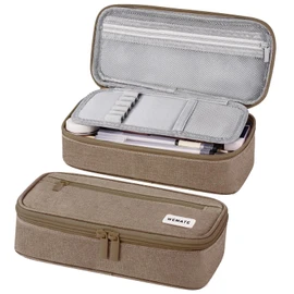Horizontal Writing Pencil Bag - Large Pencil Case, Pencil Pouch with Zipper Compartment, Aesthetic Pencil Case for Adult, Office Stationery Pouch Pen Case, Khaki, Modern