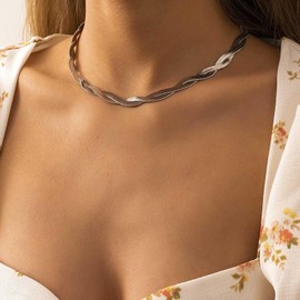 Wendalern Silver Snake Chain Necklace Double Layer Twist Herringbone Choker Necklace Flat Herringbone Chain Necklace Layered Knot Snake Chain Collar Necklace Jewelry for Women Girls