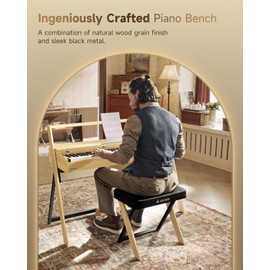 Donner Piano Bench DKB-300 Home Style Keyboard Stool with Thick Padding, Metal Keyboard Seat Piano Chair with Cushion, Light Wood Color