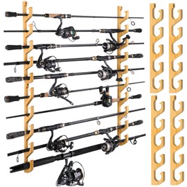 PLUSINNO WH5 Horizontal Fishing Rod/Pole Holders for Garage, Wall or Ceiling Mounted Rack, Solid Wood Fishing Rod Holder Holds up to 5/10/20 Rods or Combos Fishing Gear, Gifts for Men