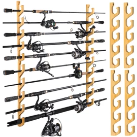 PLUSINNO WH5 Horizontal Fishing Rod/Pole Holders for Garage, Wall or Ceiling Mounted Rack, Solid Wood Fishing Rod Holder Holds up to 5/10/20 Rods or Combos Fishing Gear, Gifts for Men