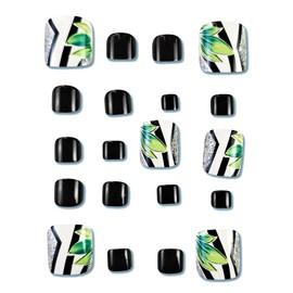 MERVF Toe Press on Toenails Fake Toe Nails Black Toe Nails Press on Glitter Design Acrylic Toenails Summer Leaf Glue on Toe Nails Glossy 24pcs