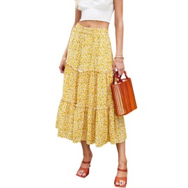 Hibluco Women's Floral Midi Skirts Elastic High Waist A-Line Swing Skirts Yellow