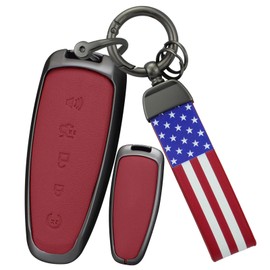 ontto Key Fob Shell Fit for Ford C-MAX Escape Focus Edge Escape Expedition 2012-2017 Car Accessories,Metal and Leather Car Key Holder Fit for Lincoln 5-button Key Remote,Black with USA Flag Keychain