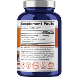 NusaPure Sarsaparilla Root 3000mg | 150 Veggie Caps | Non-GMO, 20:1 Extract