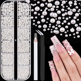 Flatback Pearls for Nail Art, Half Round Nail White Pearls with Pickup Pencil and Tweezers, Pearls Nail Charms Accessories for Acrylics Manicure Face Hair Crafts Decor